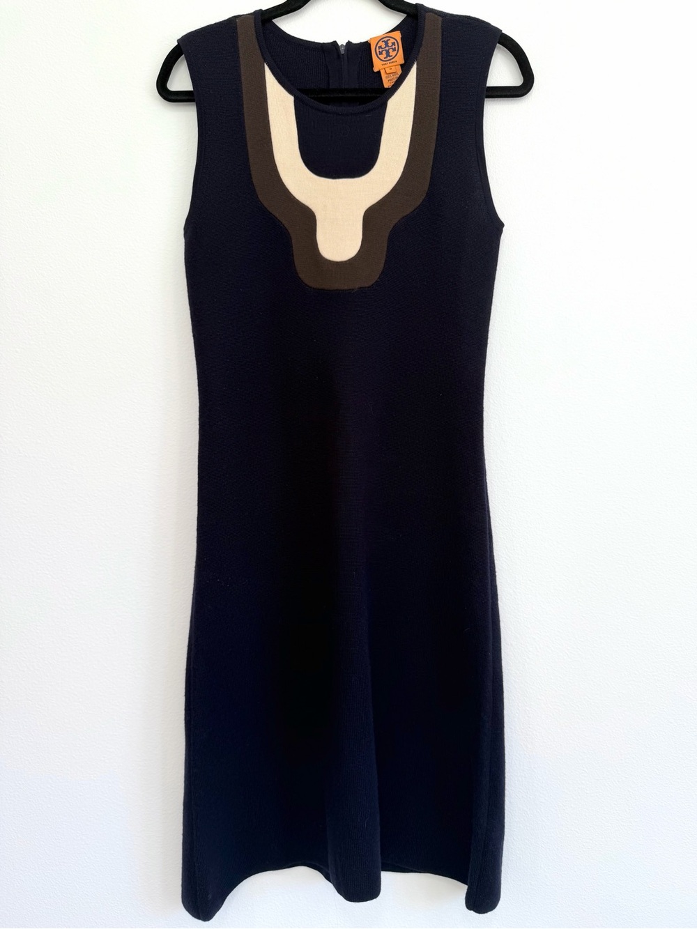 Tory Burch Wool Knit Colorblock Sleeveless Midi Dress Navy Brown Size Medium